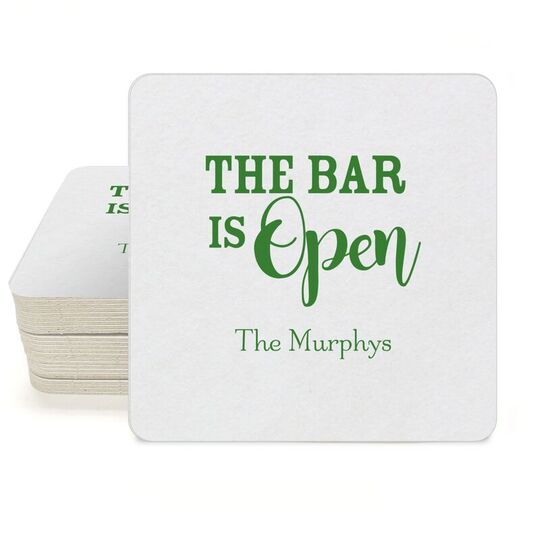 The Bar is Open Square Coasters